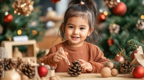 Happy young girl crafting pine cone ornaments for Christmas at home photo