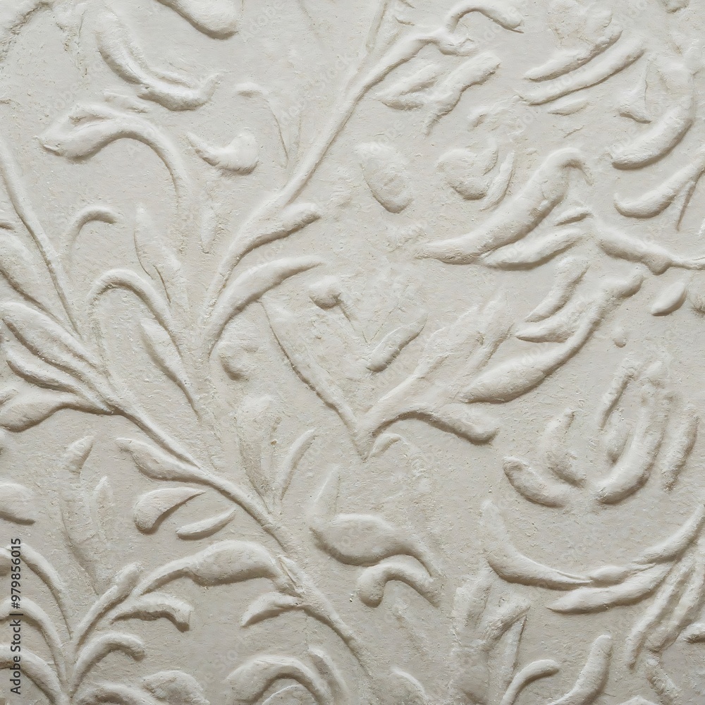 Floral pattern embossed on white wall forming decorative texture Floral pattern embossed on white wall forming decorative texture