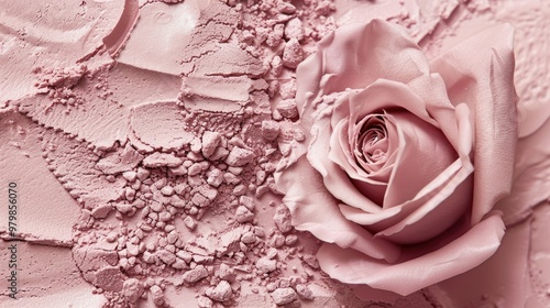 Close up view of pale pink cosmetic clay powder with abstract rose background photo