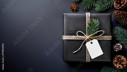 Christmas or New Year black background with fir branches, pine cones, empty price tag and gift box.  copy space photo