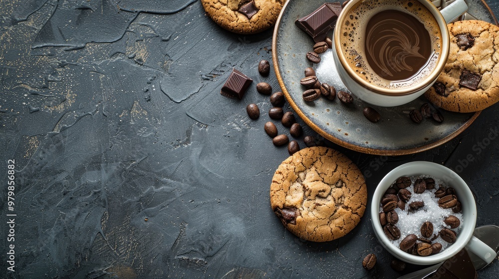 Coffee cookies chocolate and sugar on plate Stone surface Space for text Picture Coffee cookies chocolate and sugar on plate Stone surface Space for text Picture
