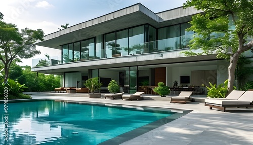 Modern glass and concrete house with a stunning pool, surrounded by lounge chairs, lush trees, and vibrant plants, perfect for relaxation and leisure