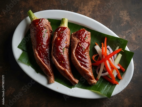 Smoked buffalo meat and legs in traditional Thai style. photo