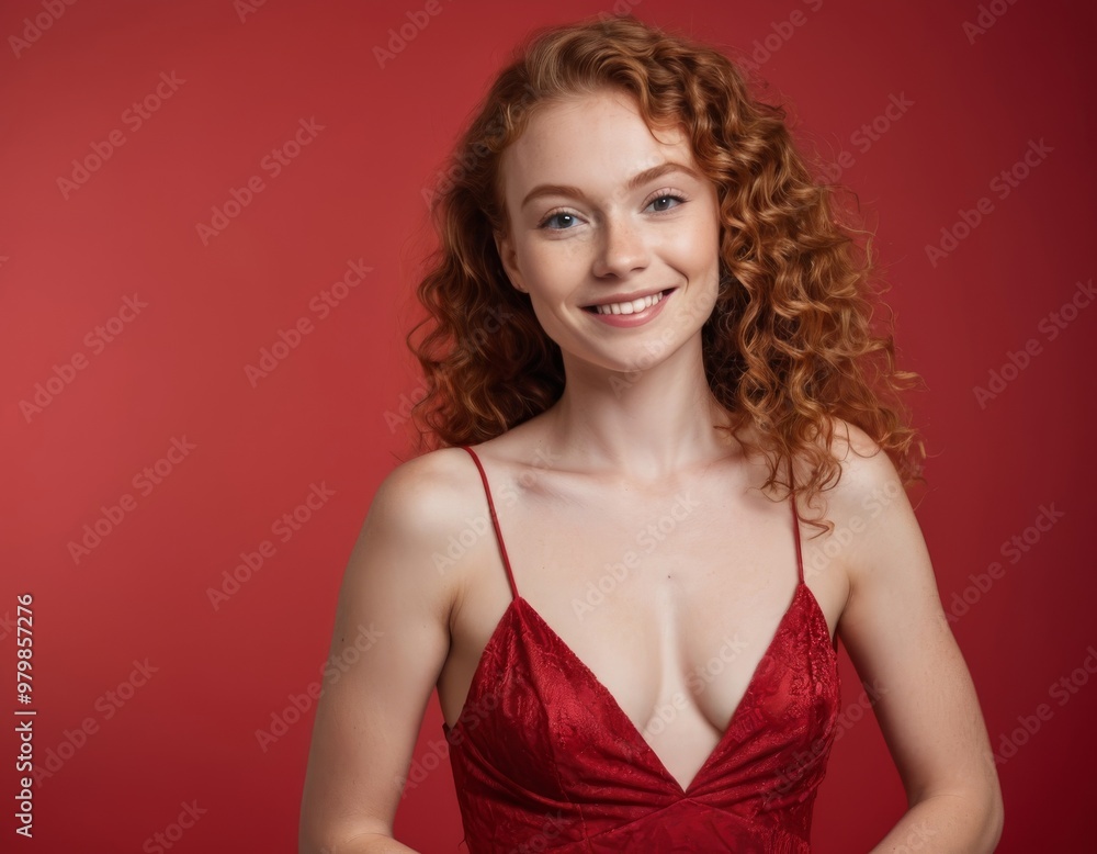 Redheaded Woman in Red Dress Smiling Redheaded Woman in Red Dress Smiling