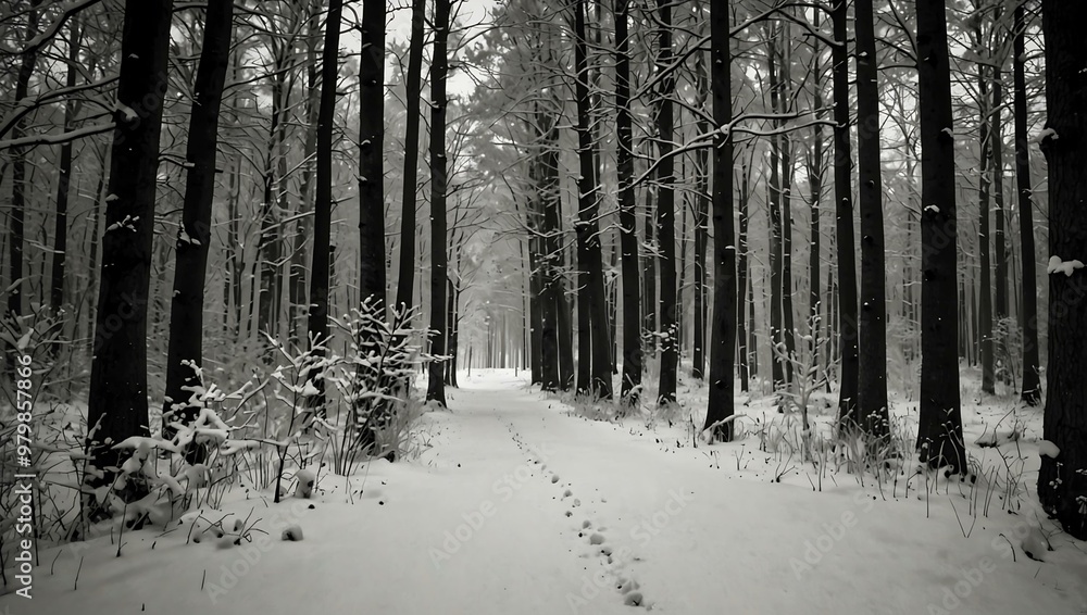 Snowy forest path and trees in black and white. Snowy forest path and trees in black and white.