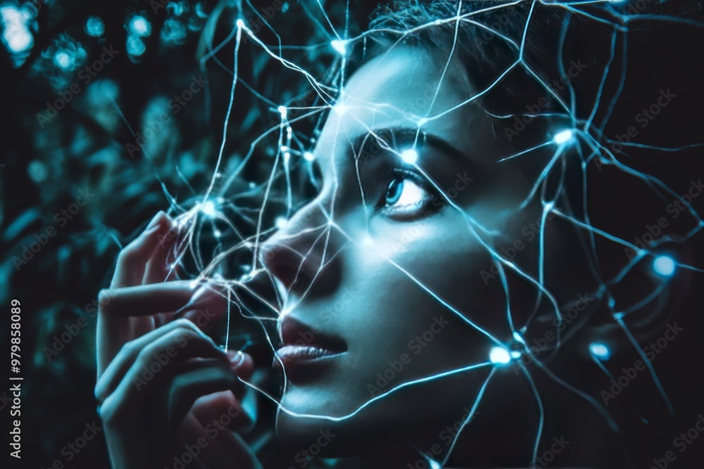 Woman surrounded by glowing blue neural synapses symbolizing complex mental processes connectivity and the exploration of the human brains intricate neural systems Woman surrounded by glowing blue neural synapses symbolizing complex mental processes connectivity and the exploration of the human brains intricate neural systems
