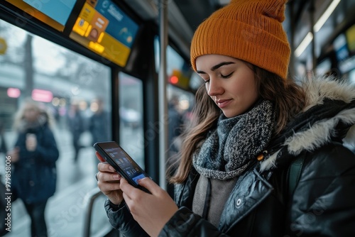 A woman wearing a yellow hat is looking at her cell phone, generative ai image