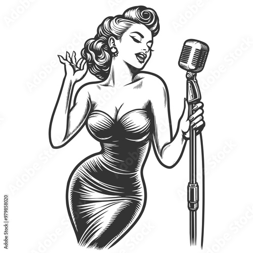 woman in a tight evening dress singer holding a microphone the classic style sketch engraving generative ai fictional character vector illustration. Scratch board imitation. Black and white image.