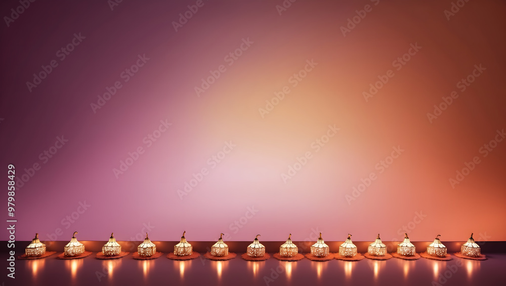 Obraz premium Festive display of decorative lamps arranged in a row on a table with a warm orange and purple gradient background