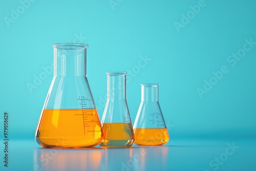 Three beakers with orange liquid on a blue background.