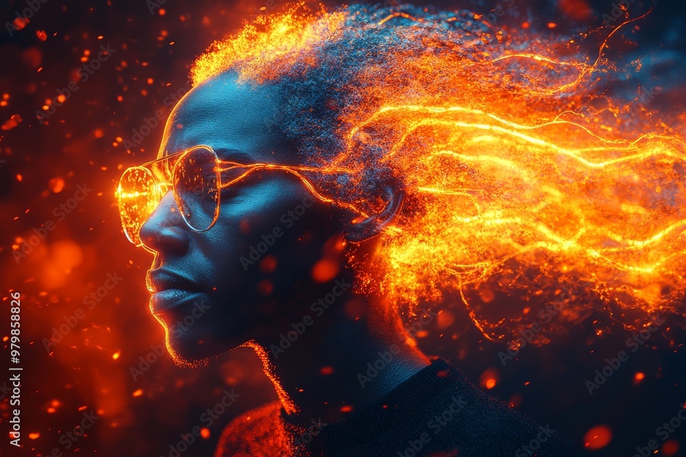 Woman with glowing neural flames emerging from her head symbolizing fiery creativity intellectual energy and the unstoppable flow of passionate ideas and innovation Woman with glowing neural flames emerging from her head symbolizing fiery creativity intellectual energy and the unstoppable flow of passionate ideas and innovation