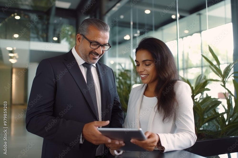 Two business professionals, a man and a woman, collaborate on a tablet in a sleek office space filled with natural light and greenery, conveying teamwork and innovation Two business professionals, a man and a woman, collaborate on a tablet in a sleek office space filled with natural light and greenery, conveying teamwork and innovation