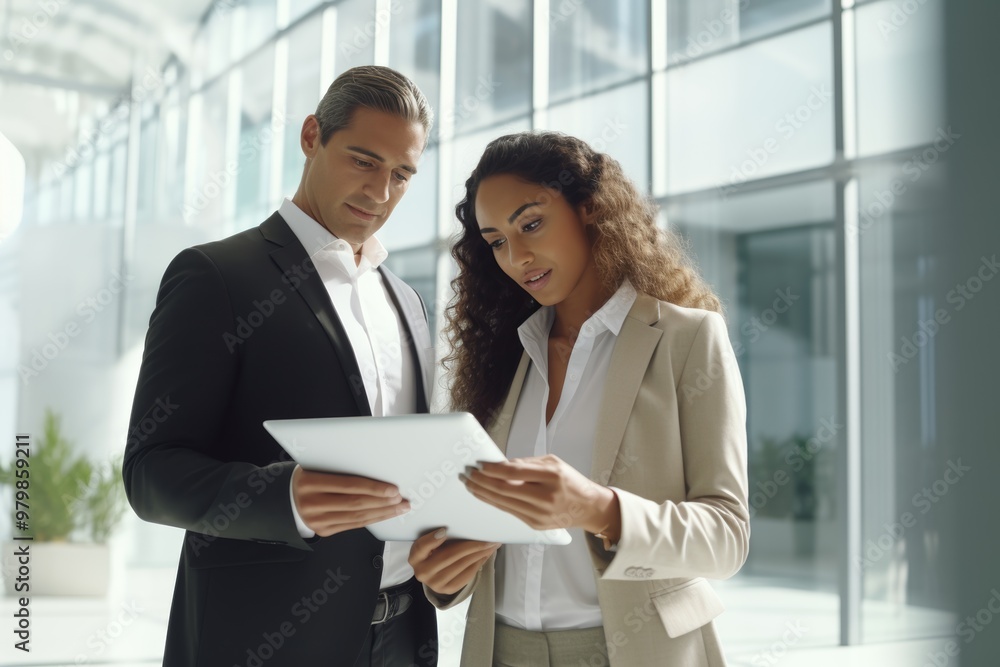 Two business professionals, a man and a woman, are engaged in discussion while examining documents on a tablet in a contemporary office environment filled with natural light Two business professionals, a man and a woman, are engaged in discussion while examining documents on a tablet in a contemporary office environment filled with natural light