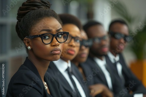 Group of beautiful African businesspeople wearing eyeglasses sitting in a row at the office, looking bored during a meeting.