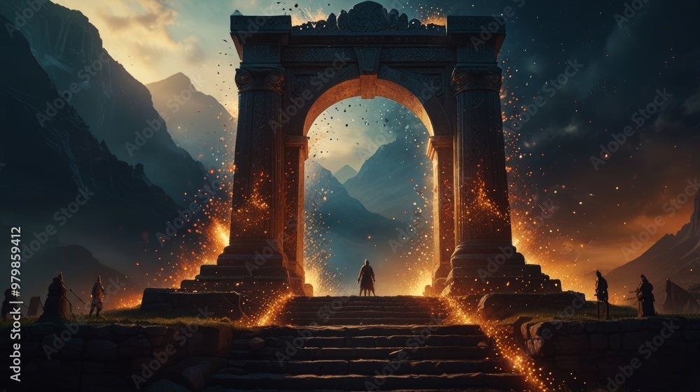 Fototapeta premium Majestic Gateway to Valhalla, Dramatic Mythical Entrance