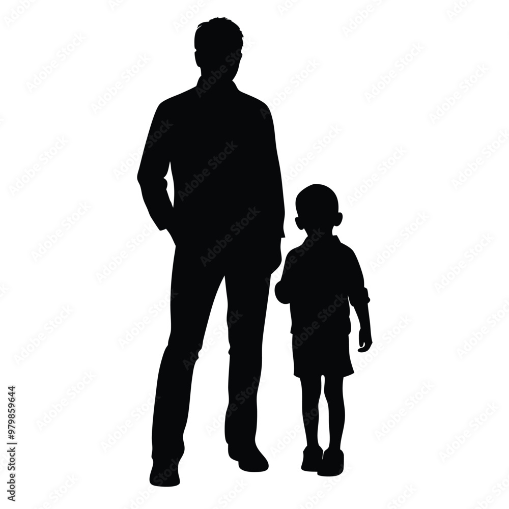 Silhouette of Father and child walking holding hands side by side Silhouette of Father and child walking holding hands side by side