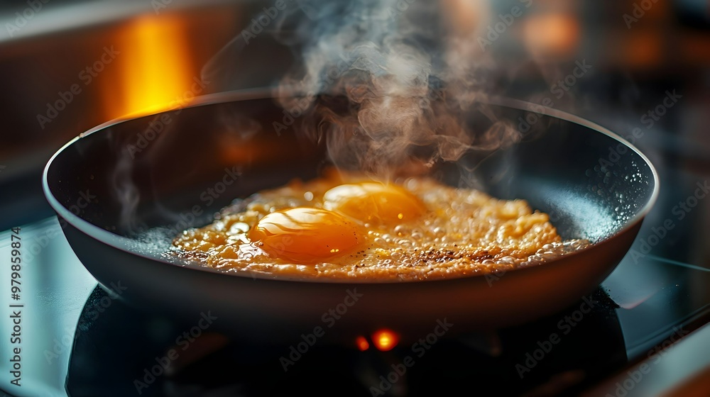 Close Up of Steaming Fried Eggs in a Pan on a Stovetop Close Up of Steaming Fried Eggs in a Pan on a Stovetop
