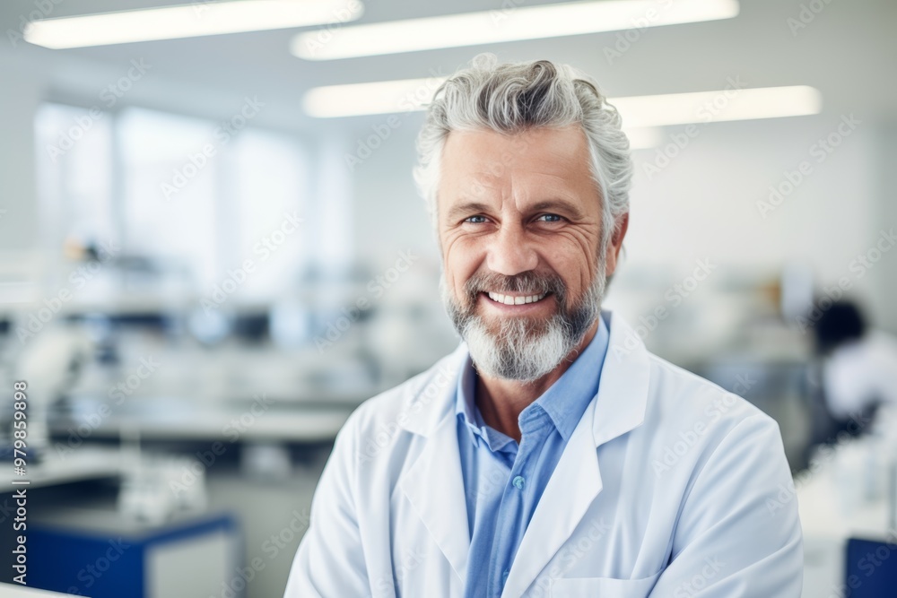 A scientist with a beard and gray hair stands in a contemporary laboratory, wearing a lab coat and smiling warmly amidst advanced scientific equipment and bright lighting A scientist with a beard and gray hair stands in a contemporary laboratory, wearing a lab coat and smiling warmly amidst advanced scientific equipment and bright lighting