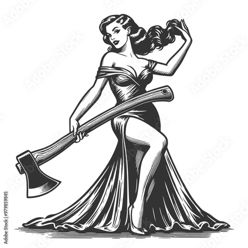 pin-up woman in a form-fitting tight dress with axe over her shoulder sketch engraving generative ai fictional character vector illustration. Scratch board imitation. Black and white image.