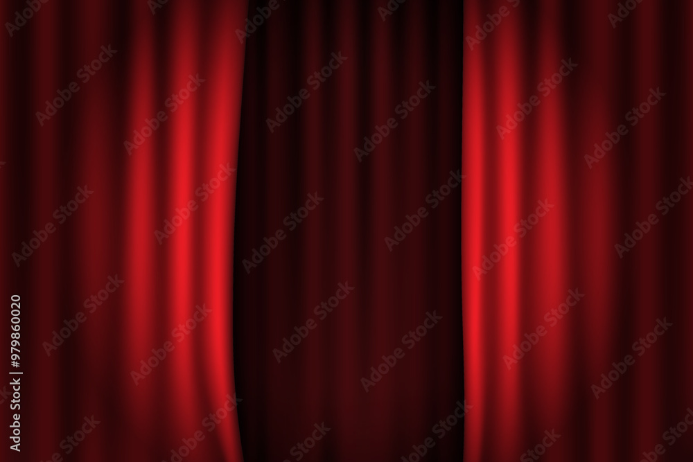 Open red theater or cinema curtain with shadow middle and spotlight circle. Realistic vector background. Grand opening of a show or movie. Background of velvet fabric on stage with lights. Open red theater or cinema curtain with shadow middle and spotlight circle. Realistic vector background. Grand opening of a show or movie. Background of velvet fabric on stage with lights.