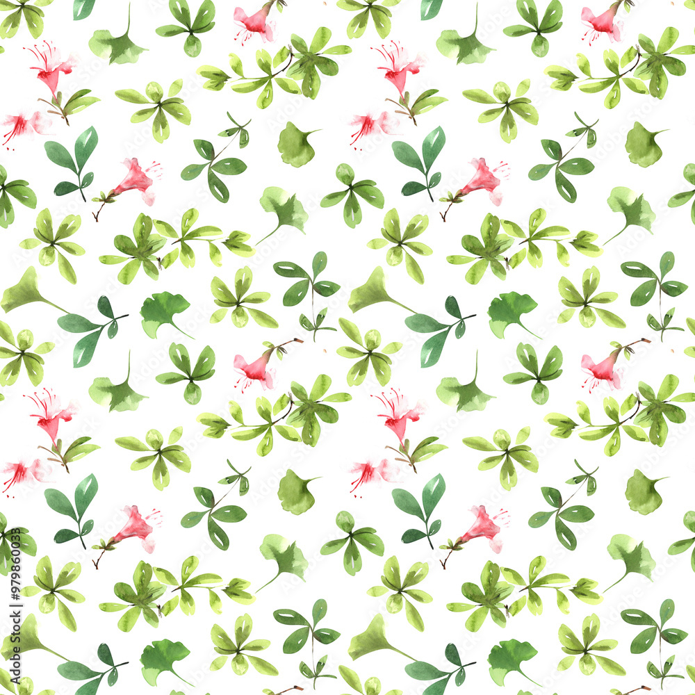 Obraz premium seamless watercolor pattern of azalea flowers, and oriental paper lantern