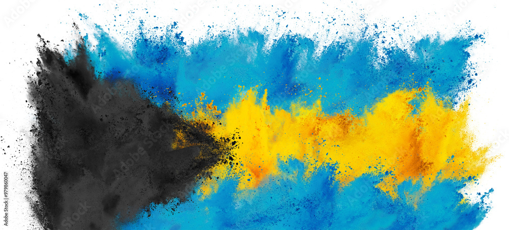 colorful flag of bahamas with turquoise blue yellow and black color holi paint powder explosion isolated white background. caribbean national europe travel and tourism concept.