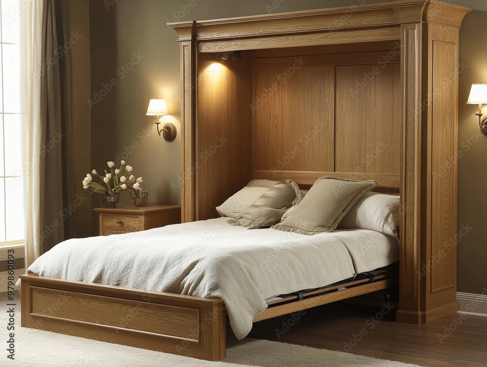 Fototapeta premium Murphy bed unfolding from a sleek wooden wall panel in a cozy studio apartment, soft beige walls, modern Scandinavian design