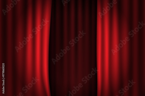 Open red theater or cinema curtain with shadow middle and spotlight circle. Realistic vector background. Grand opening of a show or movie. Background of velvet fabric on stage with lights.