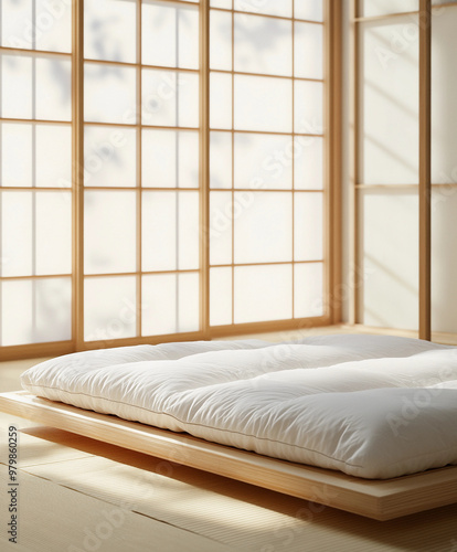 Japanese-style platform bed – A low-rise, tatami-style platform bed made from light bamboo wood, sitting in a serene, zen-inspired room