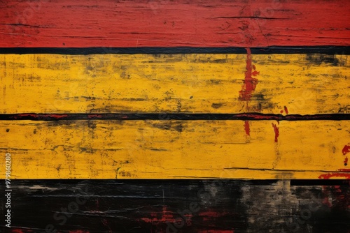 Rustic wooden background with planks with bold black, red, and yellow stripes. With space for text