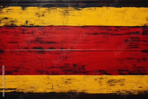 Rustic wooden background with planks with bold black, red, and yellow stripes. With space for text