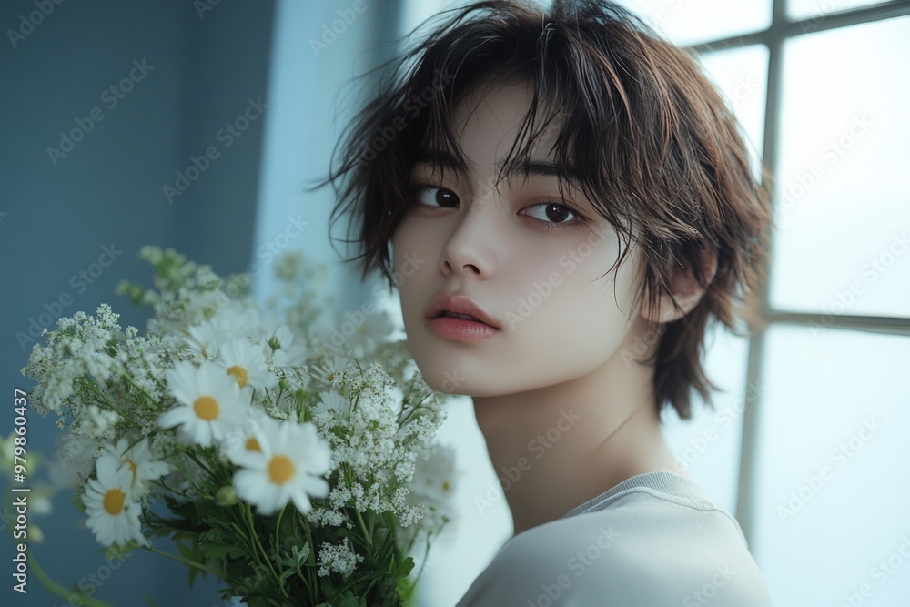 Portrait of a young woman with short hair holding a bouquet of white flowers, looking at the camera. Portrait of a young woman with short hair holding a bouquet of white flowers, looking at the camera.