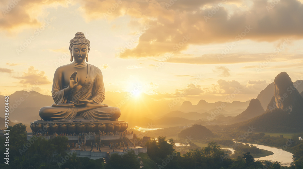 colossal Buddha statue with its hands folded on its chest, floating in the sky against an orange sunset. The sun should shine through the clouds, casting warm light onto the faces colossal Buddha statue with its hands folded on its chest, floating in the sky against an orange sunset. The sun should shine through the clouds, casting warm light onto the faces