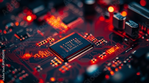 A close-up view of an illuminated computer chip on a red motherboard. The chip's intricate circuitry and glowing light symbolizes the power, complexity, and innovation of modern technology.