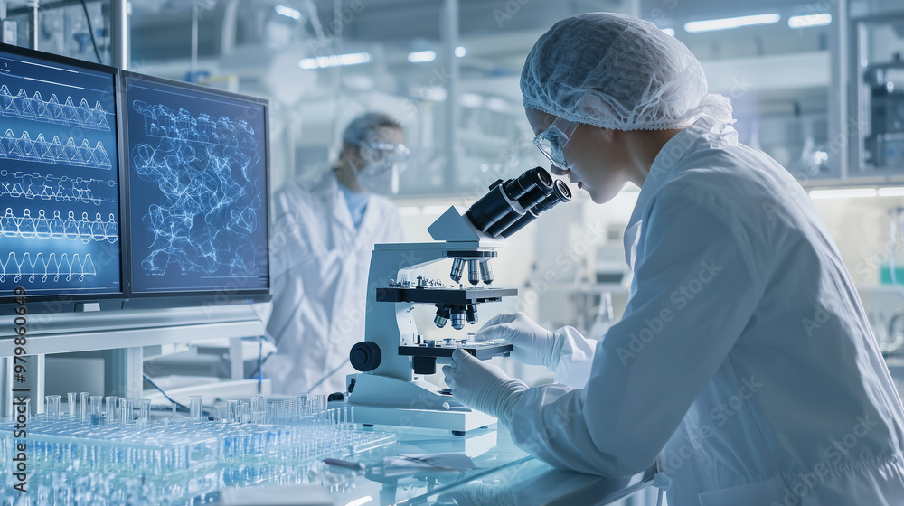 scientist in a state-of-the-art laboratory, focused on analyzing DNA samples using advanced biotechnology equipment. The scene includes a high-resolution microscope, computer scree scientist in a state-of-the-art laboratory, focused on analyzing DNA samples using advanced biotechnology equipment. The scene includes a high-resolution microscope, computer scree