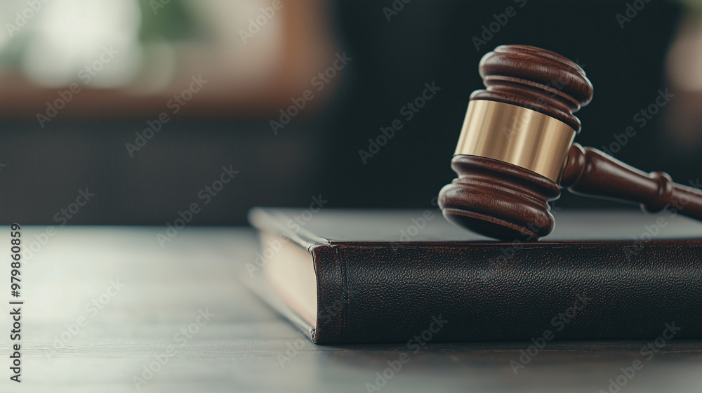 close-up shot of a judge's gavel positioned on a closed bankruptcy law book with a dark leather cover. The background can feature a courtroom desk or legal documents, enhancing the