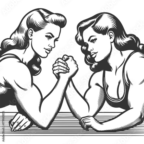 two muscular women arm wrestling, strength and determination, pin-up style with empowering theme sketch engraving generative ai vector illustration. Scratch board imitation. Black and white image.