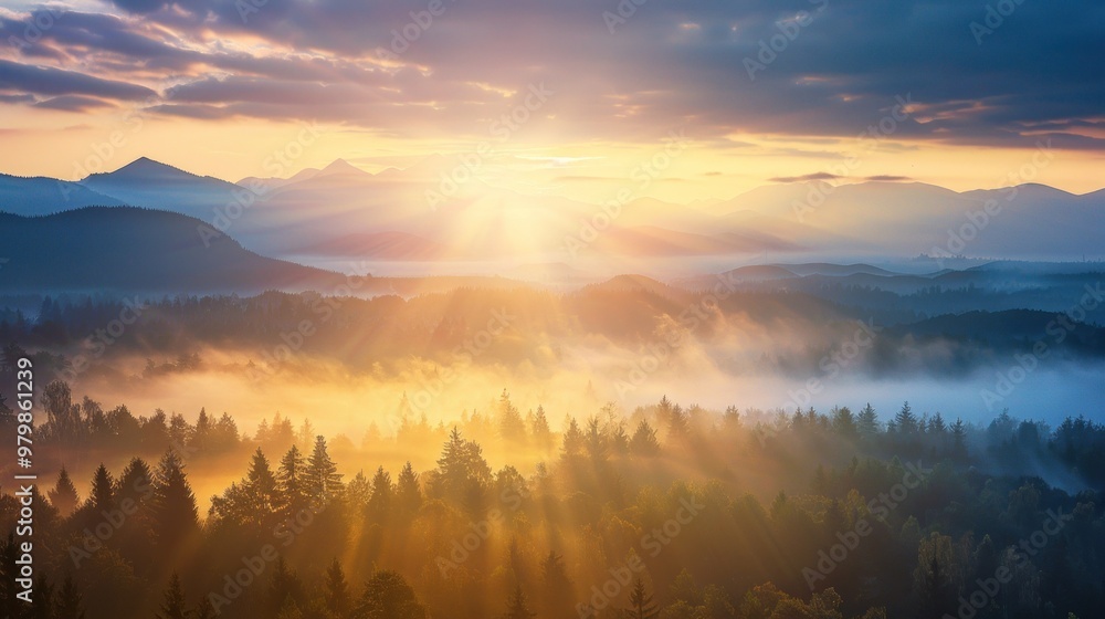 Obraz premium The sun is shining brightly on a mountain range, creating a warm