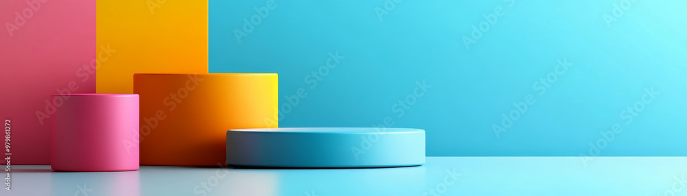 Colorful 3D elements create vibrant scene with geometric shapes on blue background, evoking sense of creativity and playfulness Colorful 3D elements create vibrant scene with geometric shapes on blue background, evoking sense of creativity and playfulness