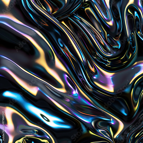 Abstract 3d neon holographic iridescent render. Design visual for background wallpaper banner poster or cover. Fluid organic wave with glass colorful gradient material.