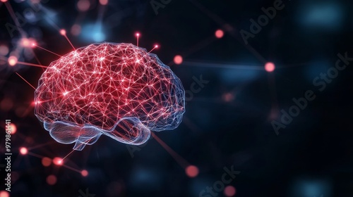 A digital representation of a human brain, composed of interconnected nodes and lines. The image symbolizes the complexity, connectivity, and interconnectedness of the brain and its neural pathways. I photo