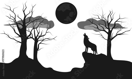 wolf howling under full moon on the forest with dead trees. vector illustration isolated on white background.