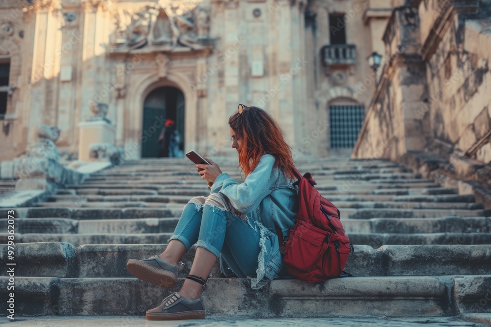 A woman with curly hair and a red backpack sits on stone steps, engrossed in her smartphone in a vibrant, historic location under a clear sky A woman with curly hair and a red backpack sits on stone steps, engrossed in her smartphone in a vibrant, historic location under a clear sky