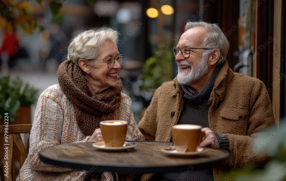 Happy senior couple enjoying coffee at an outdoor cafe, sharing smiles and laughter on a cozy autumn day Happy senior couple enjoying coffee at an outdoor cafe, sharing smiles and laughter on a cozy autumn day