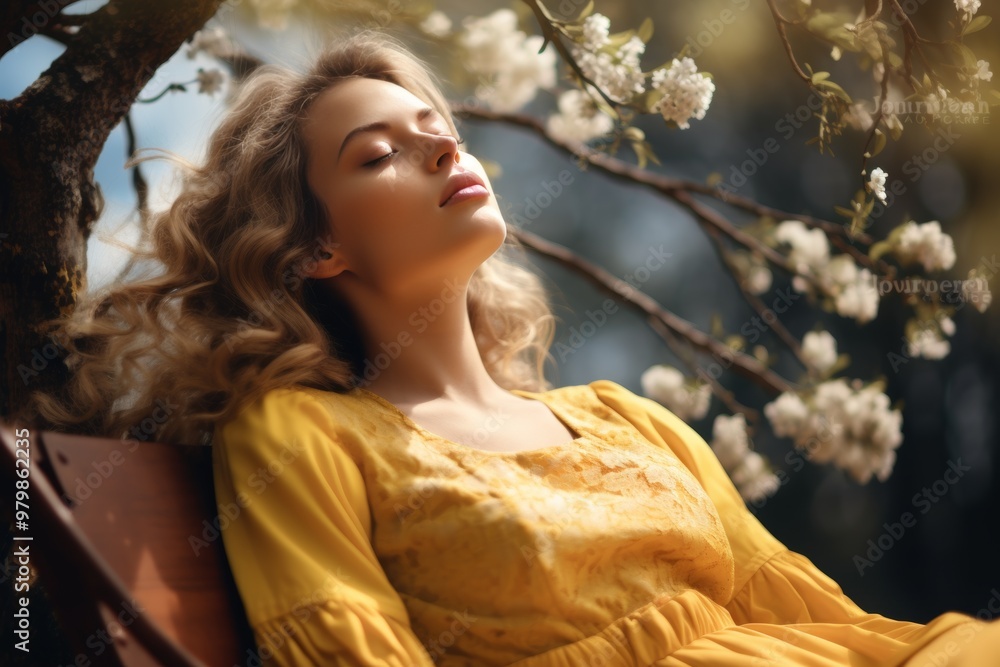 A young woman with flowing hair sits in a serene garden, wearing a yellow dress, as she closes her eyes and takes in the scent of blooming flowers on a sunny afternoon