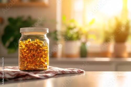 A glass jar filled with golden supplement capsules sits on a kitchen counter, bathed in warm sunlight. The capsules symbolize health, wellness, and vitality. The sunny kitchen setting represents a hea photo