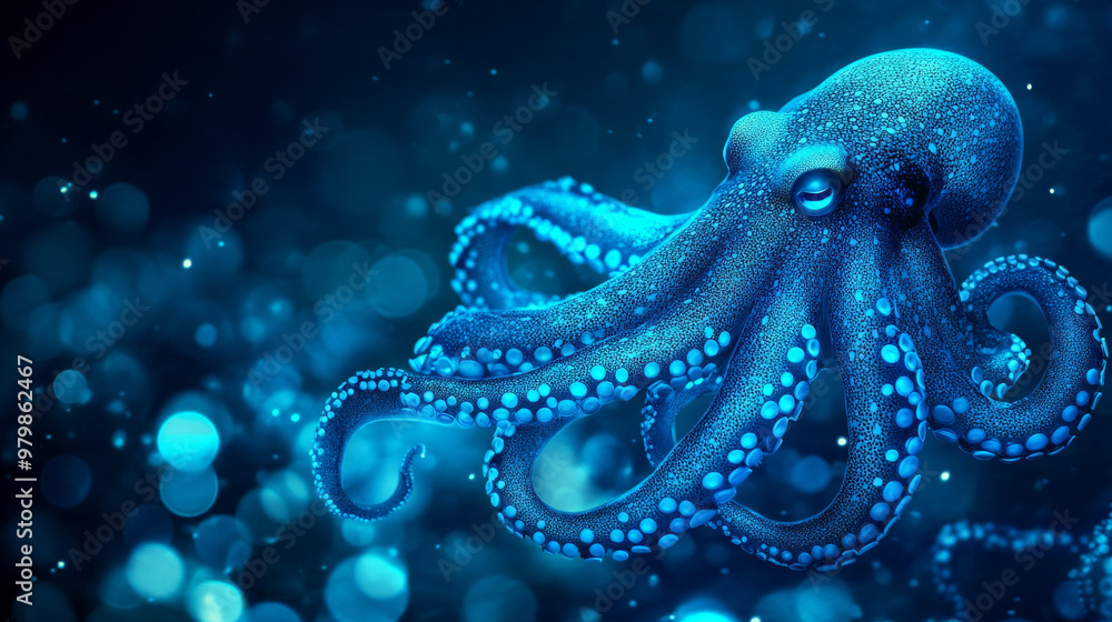 Obraz premium A vibrant blue octopus gracefully moves through shimmering underwater scene, showcasing its intricate tentacles and bioluminescent features. enchanting atmosphere evokes sense of wonder and tranquilit