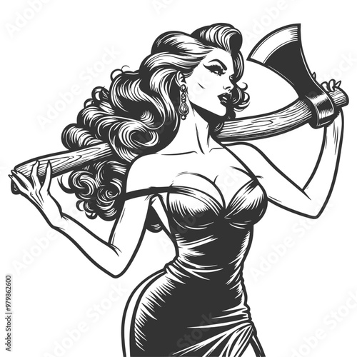 pin-up woman in a form-fitting tight dress with axe over her shoulder sketch engraving generative ai fictional character vector illustration. Scratch board imitation. Black and white image.
