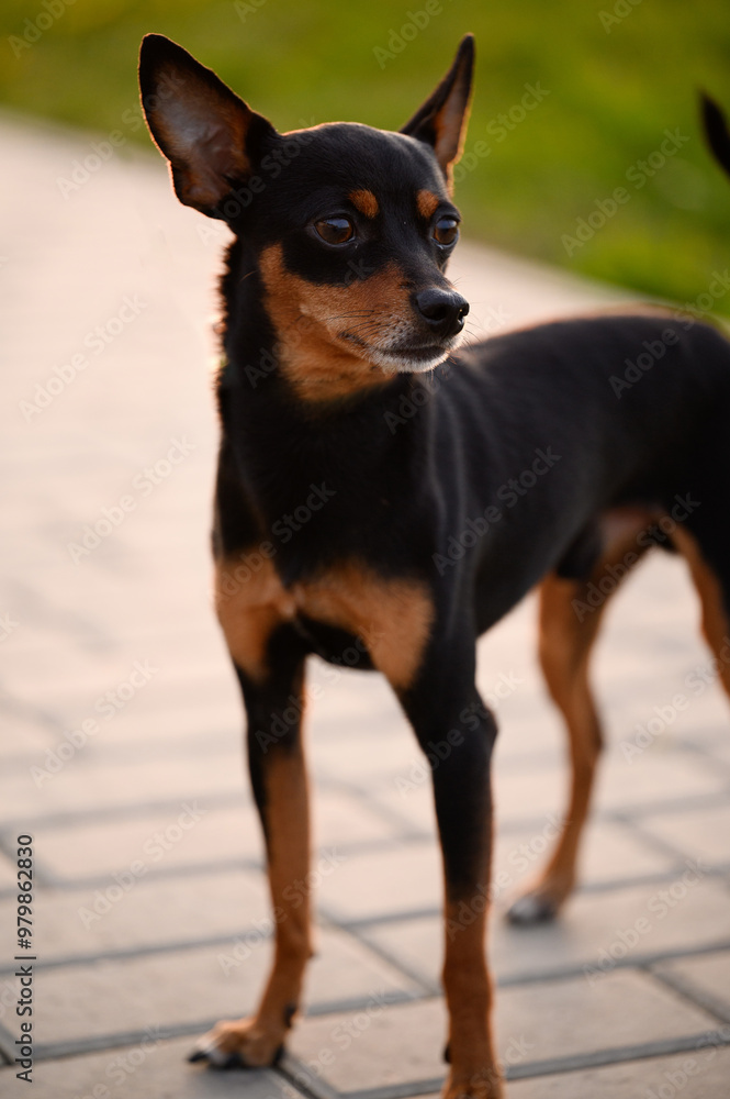 Portrait of small smooth-haired Russian Toy Terrier dog standing alone on sidewalk and looking into distance. Domestic and decorative dog, faithful companion of a person. Walk pets. Vertical Portrait of small smooth-haired Russian Toy Terrier dog standing alone on sidewalk and looking into distance. Domestic and decorative dog, faithful companion of a person. Walk pets. Vertical