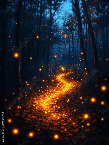 A magical forest path winds through a dark, mysterious woodland, illuminated by a trail of glowing lights that evoke a sense of wonder and enchantment. The scene symbolizes magic, mystery, hope, and a